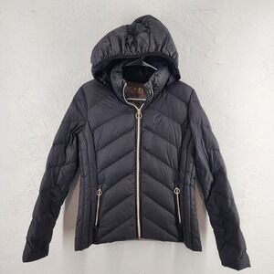Michael Kors Black Packable Down Puffer Hooded Jacket Chevron Quilted Womens S